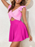 Ruffle Trim One Piece Swim Dress  V-Neck Wrap Swimsuit with Tummy Control