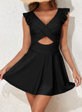 Ruffle Trim One Piece Swim Dress  V-Neck Wrap Swimsuit with Tummy Control