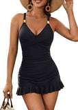 Women's V Neck One Piece Swimsuit Tummy Control Swim Dress with Ruffle Skirt