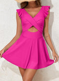 Ruffle Trim One Piece Swim Dress  V-Neck Wrap Swimsuit with Tummy Control