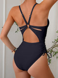 Tummy Control One Piece Swimsuit  V-Neck & O-Ring Back Bathing Suit