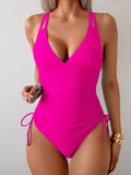 Tummy Control One Piece Swimsuit  V-Neck & O-Ring Back Bathing Suit