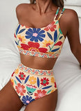 Women’s One-Shoulder High-Waist Bikini Set with Floral Print & Tummy Control