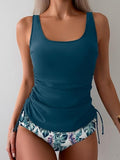Women’s Wide-Strap Tankini Set with Side Drawstring & Tummy Control