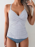 Women’s V-Neck Ruched Tankini Set with Wrap Tie-Back & Tummy Control