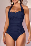 Women’s Vintage Halter One-Piece Swimsuit with Scallop Trim & Tummy Control