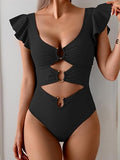 Women's Colorful Ruffle Sleeve V-Neck One-Piece Swimsuit