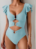 Women's Colorful Ruffle Sleeve V-Neck One-Piece Swimsuit