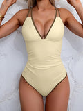 Women’s V-Neck One-Piece Swimsuit with Double Straps & Crisscross Back