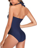 Slimming One Piece Swimsuit Women's Vintage Retro Halter Bathing Suit with Tummy Control & Ruched Push Up