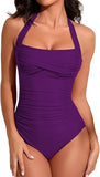 Slimming One Piece Swimsuit Women's Vintage Retro Halter Bathing Suit with Tummy Control & Ruched Push Up