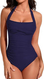 Slimming One Piece Swimsuit Women's Vintage Retro Halter Bathing Suit with Tummy Control & Ruched Push Up