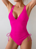 Tummy Control One Piece Swimsuit  V-Neck & O-Ring Back Bathing Suit