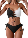Women’s Color-Block Bikini Set with Tie-Front Top & High-Waist Bottoms