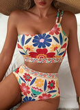 Women’s One-Shoulder High-Waist Bikini Set with Floral Print & Tummy Control