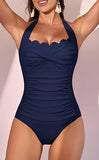 Women’s Vintage Halter One-Piece Swimsuit with Scallop Trim & Tummy Control