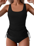 Women’s Wide-Strap Tankini Set with Side Drawstring & Tummy Control
