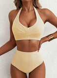 Women’s High-Waisted Halter Bikini Set with Striped Patch Pocket Design