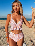 Women’s High Waisted Floral Bikini Set with Ruffle Trim and V Neck