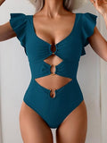 Women's Colorful Ruffle Sleeve V-Neck One-Piece Swimsuit