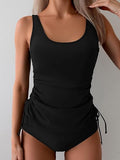 Women’s Wide-Strap Tankini Set with Side Drawstring & Tummy Control