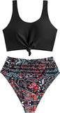 Women’s High Waisted Tankini Set with Scoop Neck and Knot Detail