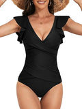 Women’s Ruffle Criss-Cross One-Piece Swimsuit with Tummy Control