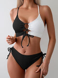 Women’s Color-Block Bikini Set with Tie-Front Top & High-Waist Bottoms