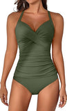 Women’s V-Neck Ruched Tankini Set with Wrap Tie-Back & Tummy Control