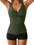 Women’s Ruched V-Neck Tankini Set with Wrap Tie-Back & Swim Shorts