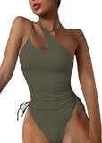 Women’s One Shoulder One Piece Swimsuit with Drawstring and Tummy Control