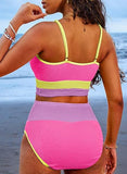 Women’s High-Waisted Color Block Bikini Set Ribbed Two-Piece Swimwear
