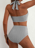 Women’s High-Waisted Halter Bikini Set with Striped Patch Pocket Design