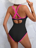 Women’s V-Neck One-Piece Swimsuit with Double Straps & Crisscross Back