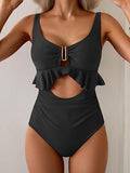 Women’s Ruffled V-Neck One-Piece Swimsuit with Tummy Control