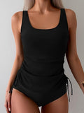 Women’s Wide-Strap Tankini Set with Side Drawstring & Tummy Control