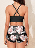 Women’s Floral Two-Piece Bikini Set with Criss-Cross Top & High-Rise Boyshorts