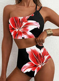 Women’s One-Shoulder High-Waist Bikini Set with Floral Print & Tummy Control