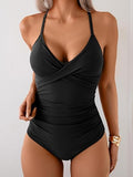 Women’s Cross-Front V-Neck One-Piece Swimsuit with Tummy Control