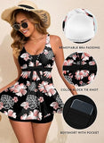 Women’s Printed Tankini Swim Dress with High Waisted Boyshorts and Pockets