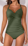 Women’s V-Neck Ruched Tankini Set with Wrap Tie-Back & Tummy Control