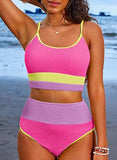 Women’s High-Waisted Color Block Bikini Set Ribbed Two-Piece Swimwear