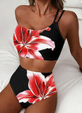Women’s One-Shoulder High-Waist Bikini Set with Floral Print & Tummy Control