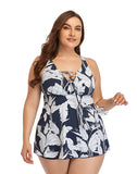V-neck Printed Plus Size Swimdress with Boxer Swimming Trunks