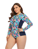 FULLFITALL-Multicolor High Neckline Zip Long Sleeve One Piece Swimsuit