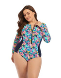 FULLFITALL-Multicolor High Neckline Zip Long Sleeve One Piece Swimsuit
