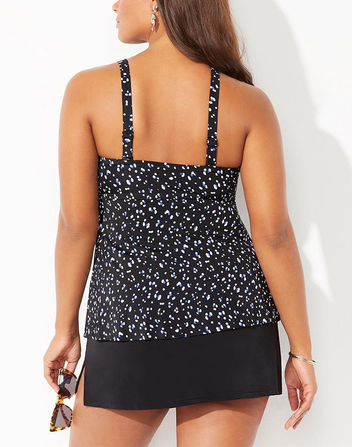 FULLFITALL-White And Blue Dots V-Neck Twist Tankini Top With Side Slit Skirt