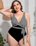 Solid Striped Plus Size One-Piece Swimsuit