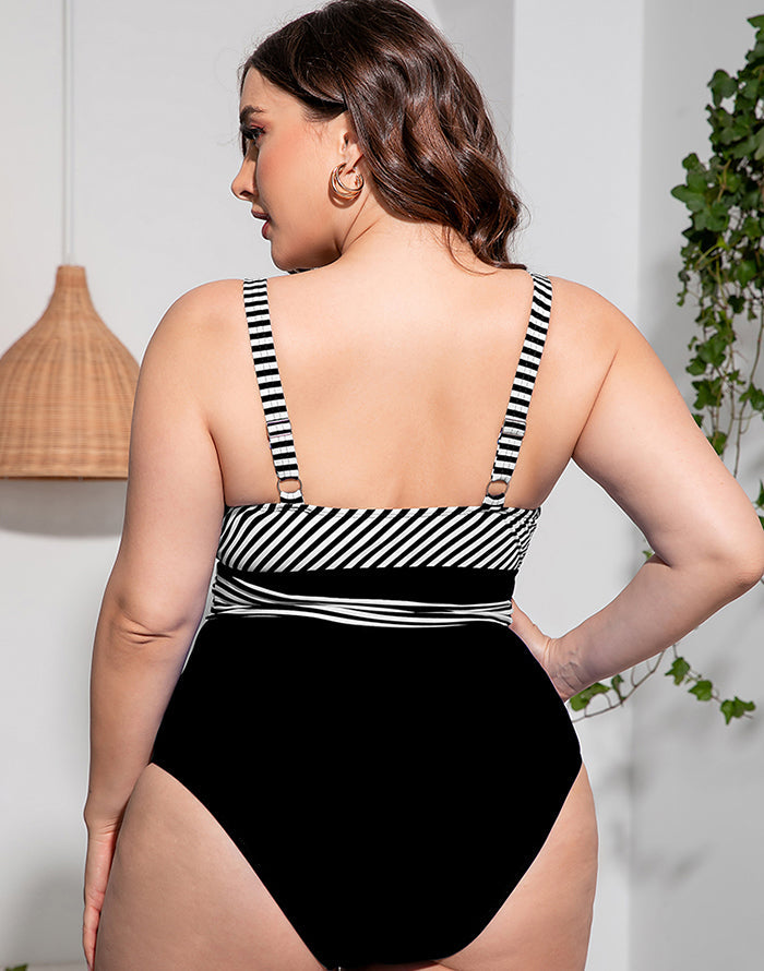 Solid Striped Plus Size One-Piece Swimsuit
