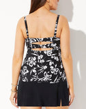 FULLFITALL - Black White Floral Faux Flyaway Underwire Tankini With Side Slit Swim Skirt